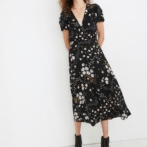 Puff-Sleeve Wrap-Front Midi Dress in Polka Daisies
